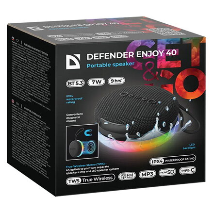 Defender reproduktor ENJOY 40, 7W, černý, LED podsvícení, BT 5.3 Defender reproduktor ENJOY 40, 7W, černý, LED podsvícení, BT 5.3
