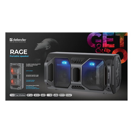 Defender reproduktor Rage, Li-Ion, 2.0, 50W, černý, regulace hlasitosti, LED podsvícení, BT 5.0, TWS, dálkové ovládání, 45Hz~22kHz