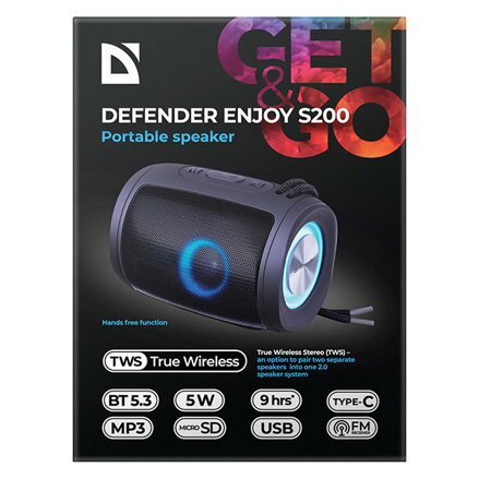 Defender reproduktor ENJOY S200, Li-Ion, 1.0, 5W, černý, regulace hlasitosti, přenosný, LED podsvícení, s integr. baterií, 80Hz~20