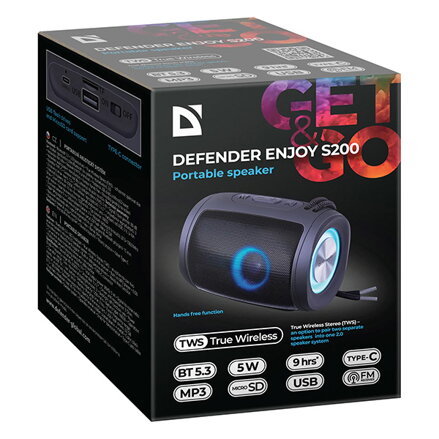 Defender reproduktor ENJOY S200, Li-Ion, 1.0, 5W, černý, regulace hlasitosti, přenosný, LED podsvícení, s integr. baterií, 80Hz~20