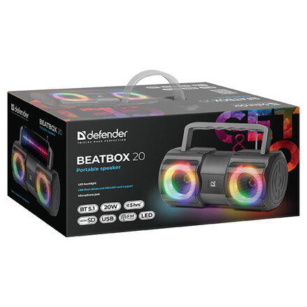 Defender reproduktor BEATBOX 20, Li-Ion, 2.0, 20W, černý, regulace hlasitosti, přenosný, LED podsvícení, s integr. baterií, 80Hz~2
