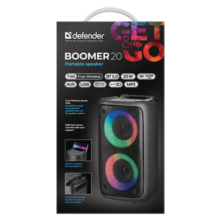 Defender reproduktor BOOMER 20, Li-Ion, 2.0, 20W, černý, regulace hlasitosti, LED podsvícení, BT 5.0, TWS, 150Hz~18kHz