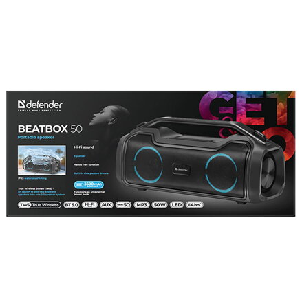 Defender reproduktor BEATBOX 50, Li-Ion, 2.0, 50W, černý, regulace hlasitosti, LED podsvícení, BT 5.0, TWS, 80Hz~12kHz