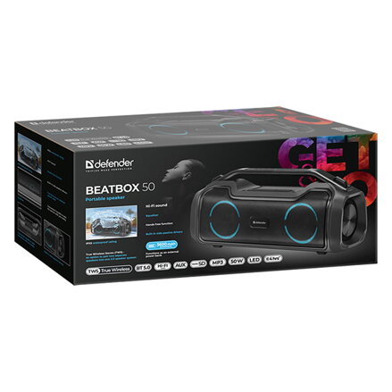 Defender reproduktor BEATBOX 50, Li-Ion, 2.0, 50W, černý, regulace hlasitosti, LED podsvícení, BT 5.0, TWS, 80Hz~12kHz