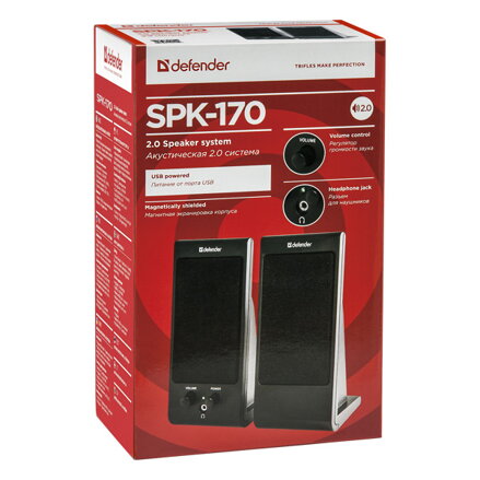 Defender reproduktory SPK-170, 2.0, 4W, černé, regulace hlasitosti, magneticky stíněné pouzdro, konektor pro sluchátka, 200Hz~18kH