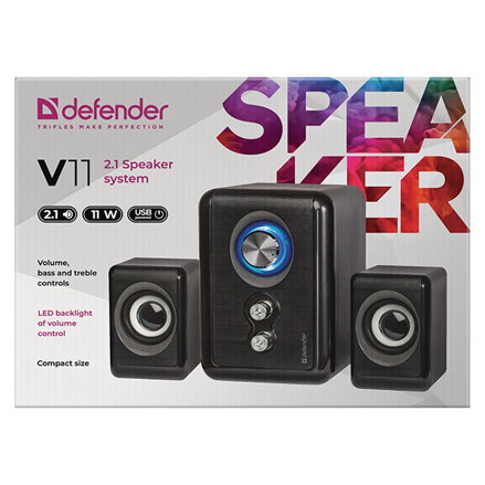 Defender reproduktory V11, 2.1, 11W, černé, regulace hlasitosti, tlačítko napájení, nastavení basů a výšek, 40Hz~18kHz