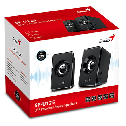 Genius reproduktory SP-U125, 2.0, 3W, černé, regulace hlasitosti, 3,5 mm jack (USB), 150Hz-20kHz