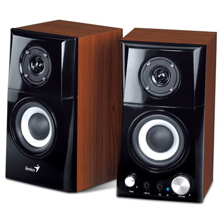 Genius reproduktory SP-HF500A v2, 2.0, 16W, hnědo-černé, regulace hlasitosti, sluchátkový výstup, 3,5 mm jack (USB)+ AUX, 100Hz~20