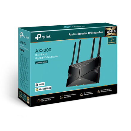 TP-LINK router Archer AX53 2.4GHz a 5GHz, extender, přístupový bod, IPv6, 2402Mbps, fixní anténa, 802.11ax, Rodičovská kontrola, s