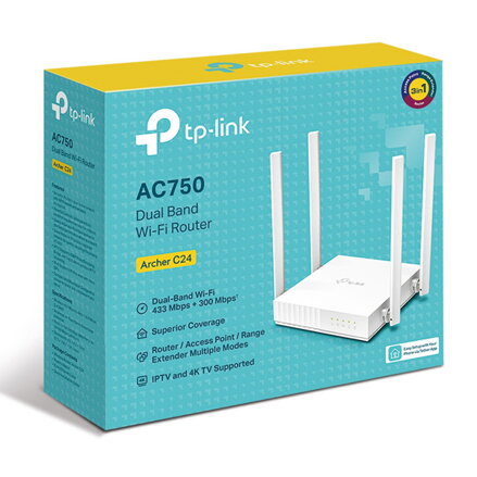 TP-LINK router Archer C24 2.4GHz a 5GHz, extender, přístupový bod, IPv6, 733Mbps, externí pevná anténa, 802.11ac, Rodičovská kontr