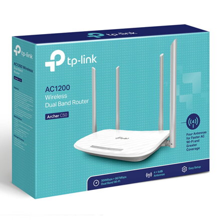 TP-LINK router Archer C50 2.4GHz a 5GHz, přístupový bod, IPv6, 1200Mbps, externí pevná anténa, 802.11ac, rodičovská kontrola, síť