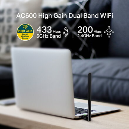 TP-LINK USB klient Archer T2U Plus 2.4GHz a 5GHz, IPv6, 600Mbps, externí pevná anténa, 802.11ac, 5dBi anténa