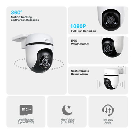 TP-link IP kamera venkovní Tapo C500, Full HD (1920x1080), Wifi 2.4 GHz /ethernet, bílá, noční vidění, alarm , det. pohybu