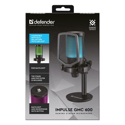 Defender, streamovací mikrofon, IMPULSE GMC 600, ovládání hlasitosti, černý, RGB podsvícený