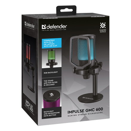 Defender, streamovací mikrofon, IMPULSE GMC 600, ovládání hlasitosti, černý, RGB podsvícený