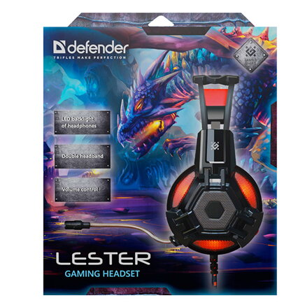 Defender Lester, herní sluchátka s mikrofonem, ovládání hlasitosti, černo-červená, 2.0, 50 mm měniče typ 2x 3.5 mm jack + USB