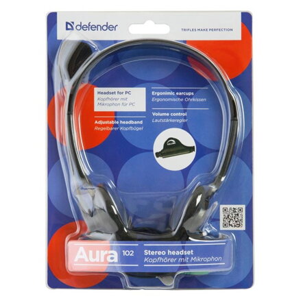 Defender Aura HN-102, sluchátka s mikrofonem, ovládání hlasitosti, černá, otevřená, 2x 3.5 mm jack