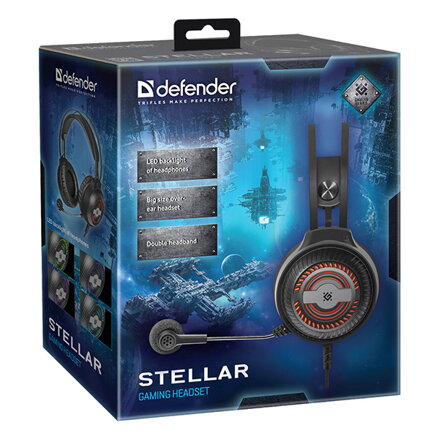 Defender Stellar, herní sluchátka s mikrofonem, ovládání hlasitosti, černá, 2.0, 50 mm měniče typ 2x 3.5 mm jack + USB