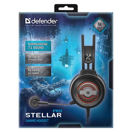 Defender Stellar Pro, herní sluchátka s mikrofonem, ovládání hlasitosti, černá, 7.1 (virtuálně), 50 mm měniče typ USB