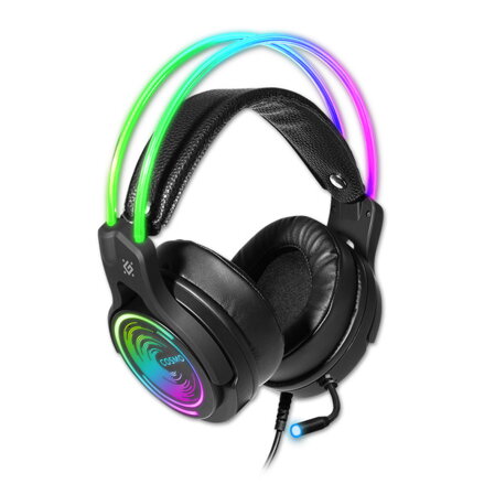 Defender Cosmo Pro RGB, herní sluchátka s mikrofonem, ovládání hlasitosti, černá, 7.1 (virtuálně), 50 mm měniče typ USB