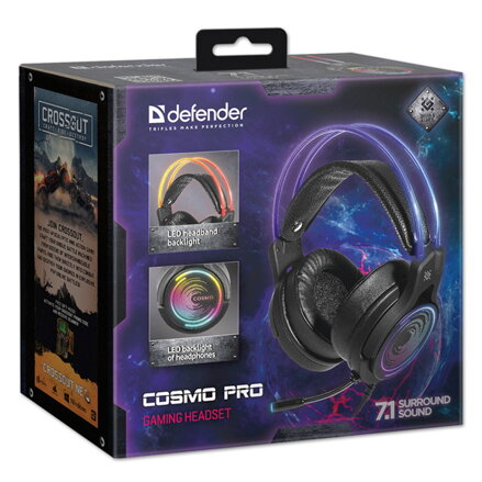 Defender Cosmo Pro RGB, herní sluchátka s mikrofonem, ovládání hlasitosti, černá, 7.1 (virtuálně), 50 mm měniče typ USB