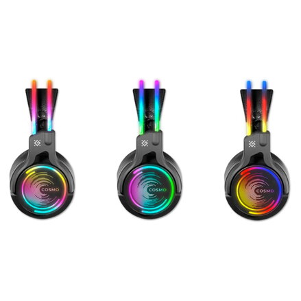Defender Cosmo Pro RGB, herní sluchátka s mikrofonem, ovládání hlasitosti, černá, 7.1 (virtuálně), 50 mm měniče typ USB