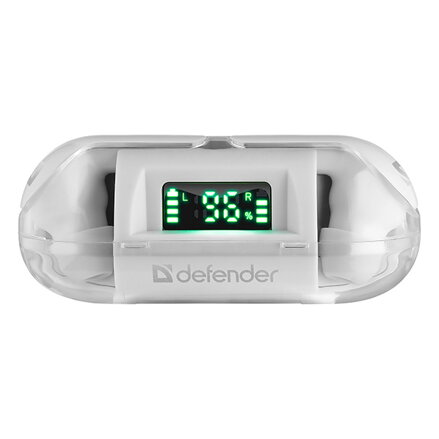 Defender Twins 916, sluchátka s mikrofonem, ovládání hlasitosti, bílá, špuntová, BT 5.0, TWS, nabíjecí pouzdro typ bluetooth