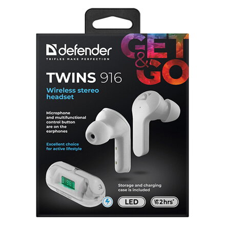 Defender Twins 916, sluchátka s mikrofonem, ovládání hlasitosti, bílá, špuntová, BT 5.0, TWS, nabíjecí pouzdro typ bluetooth