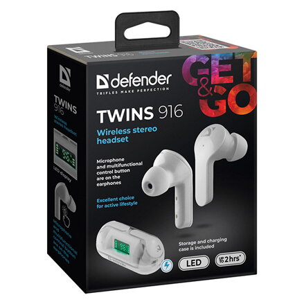 Defender Twins 916, sluchátka s mikrofonem, ovládání hlasitosti, bílá, špuntová, BT 5.0, TWS, nabíjecí pouzdro typ bluetooth