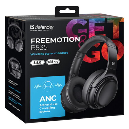 Defender FreeMotion B535, sluchátka s mikrofonem, ovládání hlasitosti, černá, 2.0, ANC, 40 mm měniče typ USB