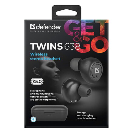 Defender Twins 638, sluchátka s mikrofonem, bez ovládání hlasitosti, černá, špuntová, BT 5.0, TWS, nabíjecí pouzdro typ bluetooth