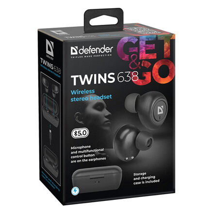Defender Twins 638, sluchátka s mikrofonem, bez ovládání hlasitosti, černá, špuntová, BT 5.0, TWS, nabíjecí pouzdro typ bluetooth