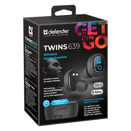 Defender Twins 639, sluchátka s mikrofonem, bez ovládání hlasitosti, černá, špuntová, BT 5.0, TWS, nabíjecí pouzdro s powerbankou