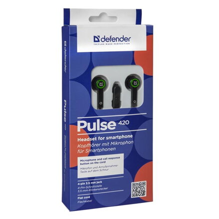 Defender Pulse 420, sluchátka s mikrofonem, bez ovládání hlasitosti, černo-zelená, špuntová, 3.5 mm jack