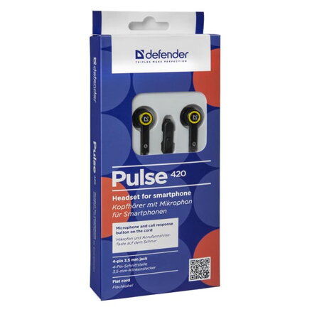 Defender Pulse 420, sluchátka s mikrofonem, bez ovládání hlasitosti, černo-žlutá, špuntová, 3.5 mm jack