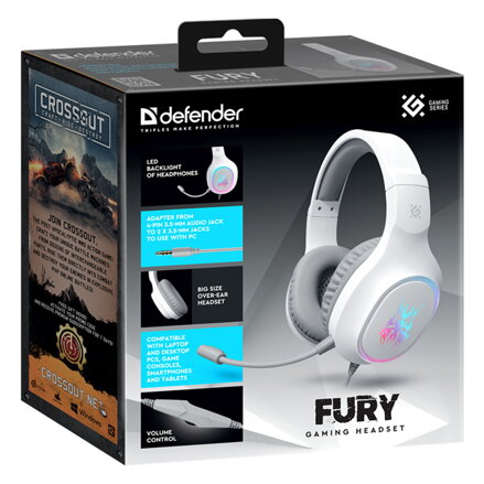 Defender FURY, herní sluchátka s mikrofonem, drátovábílá, 2.0, 40 mm měniče typ 3.5 mm jack + rozdvojka