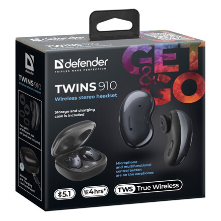 Defender Twins 910, sluchátka s mikrofonem, ovládání hlasitosti, černá, špuntová, BT 5.1, TWS, nabíjecí pouzdro typ bluetooth