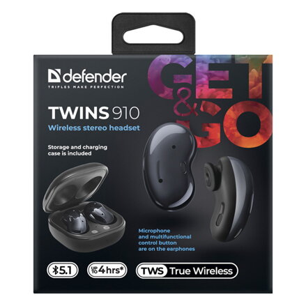 Defender Twins 910, sluchátka s mikrofonem, ovládání hlasitosti, černá, špuntová, BT 5.1, TWS, nabíjecí pouzdro typ bluetooth