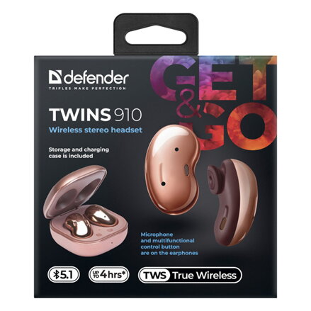Defender Twins 910, sluchátka s mikrofonem, ovládání hlasitosti, oranžová, špuntová, BT 5.1, TWS, nabíjecí pouzdro typ bluetooth
