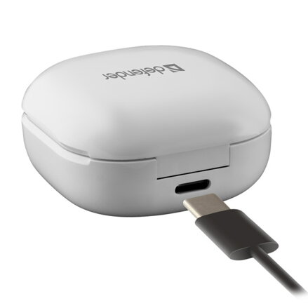 Defender Twins 910, sluchátka s mikrofonem, ovládání hlasitosti, bílá, špuntová, BT 5.1, TWS, nabíjecí pouzdro typ bluetooth