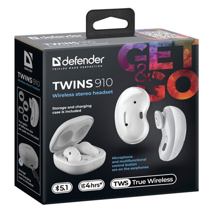 Defender Twins 910, sluchátka s mikrofonem, ovládání hlasitosti, bílá, špuntová, BT 5.1, TWS, nabíjecí pouzdro typ bluetooth