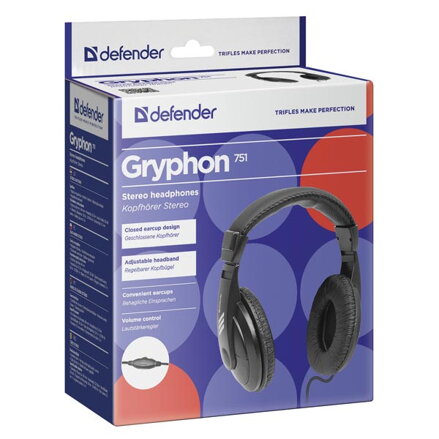 Defender Gryphon 751, sluchátka, ovládání hlasitosti, černá, uzavřená, 3.5 mm jack