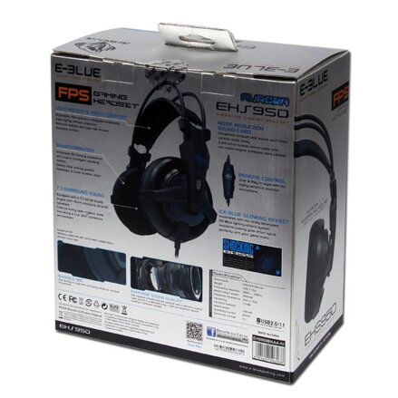 E-Blue Auroza EHS950 FPS, herní sluchátka s mikrofonem, ovládání hlasitosti, černá, 7.1 surround (virtuálně), modré podsv.,vibračn