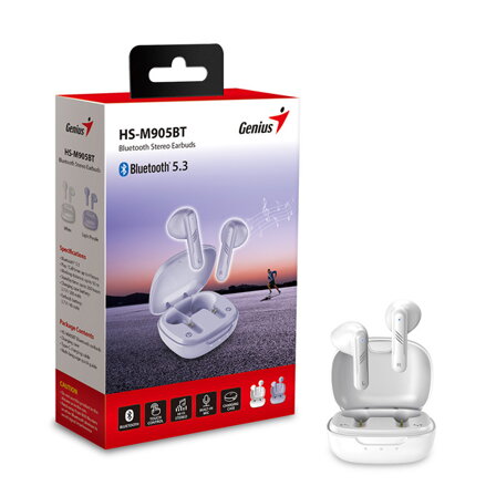 Genius HS-M905BT, mikrofon, přepínání skladeb, bílá, 2.0, s nabíjecí krabičkou, sportovní typ USB-C