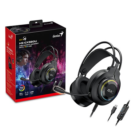 Genius GX GAMING HS-GX580U, sluchátka s mikrofonem, ovládání hlasitosti, černá, herní sluchátka, 50 mm měniče typ USB