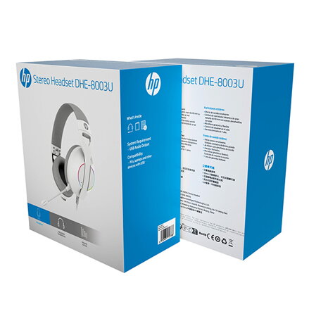 HP DHE-8003U, sluchátka s mikrofonem, drátová, bílá, 7.1 surround (virtuálně), podsvícená, USB