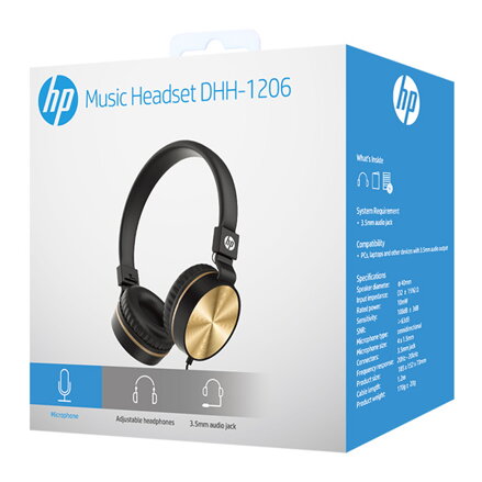 HP DHH-1206 sluchátka s mikrofonem, ovládání hlasitosti, černá, klasická typ 3,5mm jack
