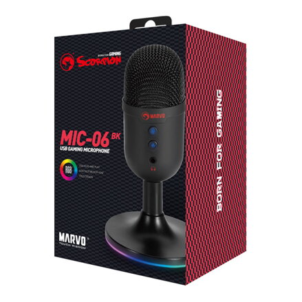 Marvo, herní/streamovací mikrofon, MIC-06, černý, RGB podsvícení, vstup pro sluchátka