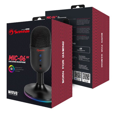 Marvo, herní/streamovací mikrofon, MIC-06, černý, RGB podsvícení, vstup pro sluchátka