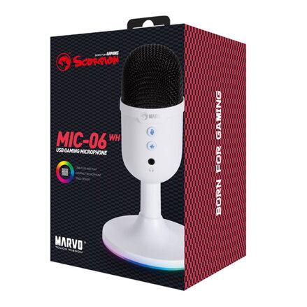 Marvo, herní/streamovací mikrofon, MIC-06, bílá, RGB podsvícení, vstup pro sluchátka